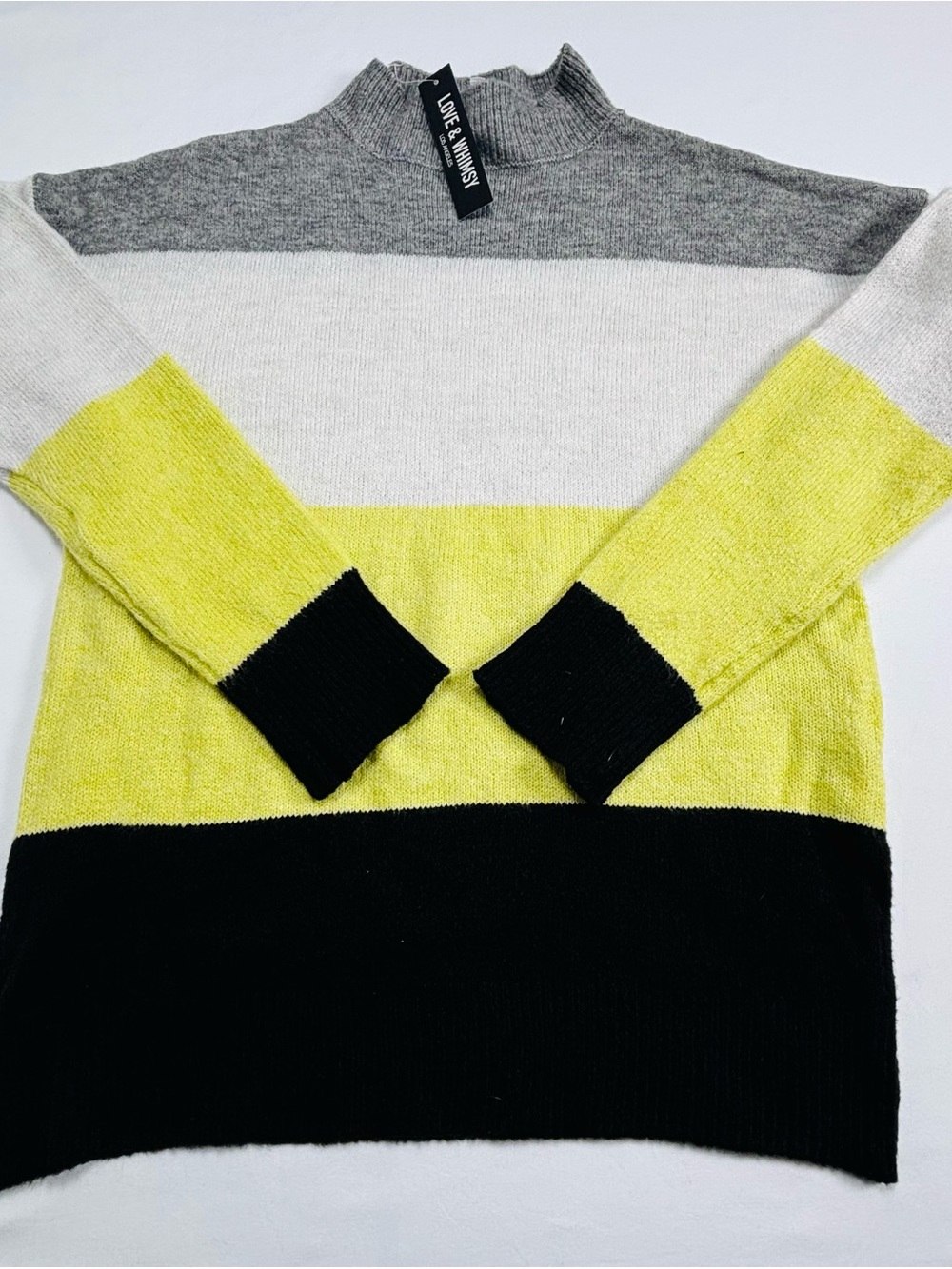 LOVE + Whimsey Women’s Colorblock Crewneck Sweater - Gray/White/Yellow/Black W50